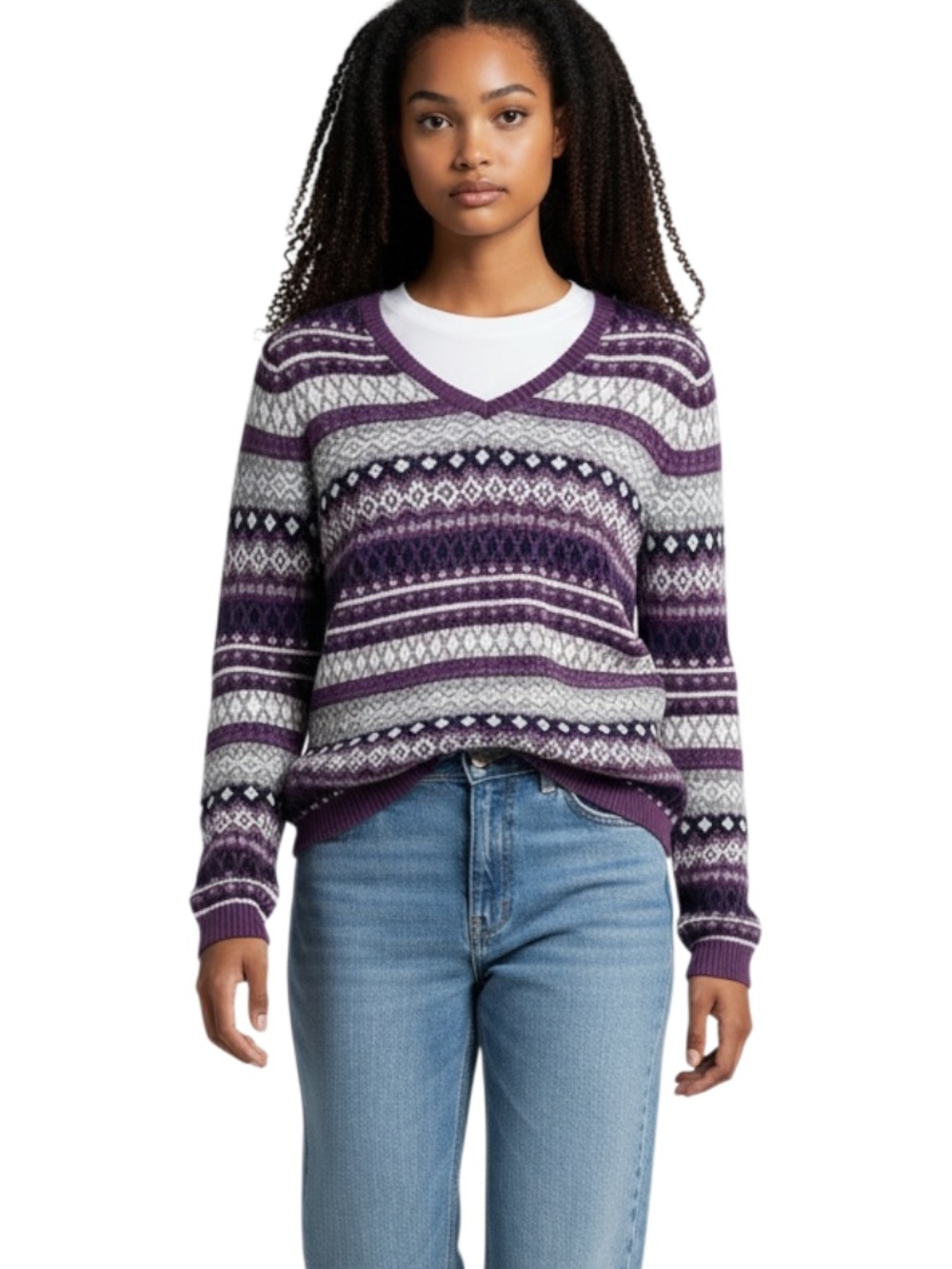 croft & barrow Purple Fair Isle V-Neck Sweater with Gray and White Accents